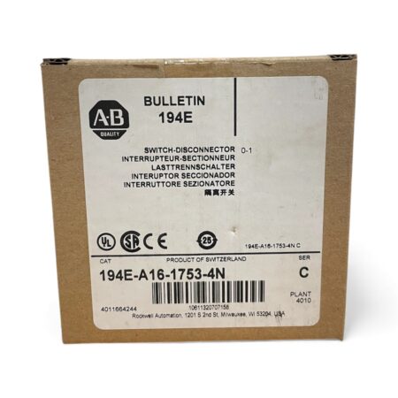 Allen-Bradley 194E-A16-1753-4N 16 A 3-Pole Load / Isolator Switch – Base/DIN, Type N Handle (New in Original Packaging)