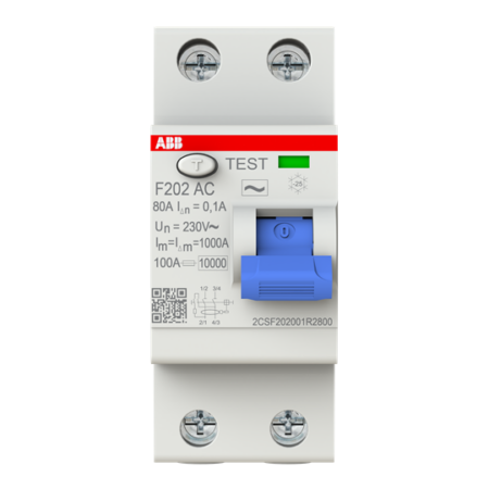 ABB 2CSF202001R2800 RCCB, 80A, 2 Pole, 100mA, Type AV, 230V ac (pack of 4)