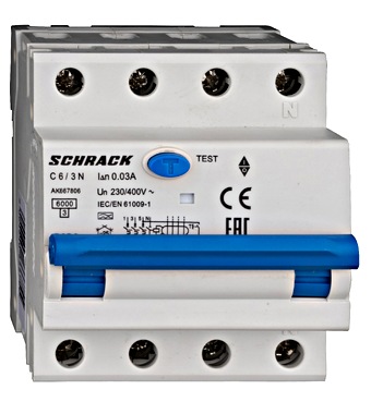Schrack AK667806 RCBO 3+N Type A | 6A C-Curve 30mA 6kA – New & In Original Packaging